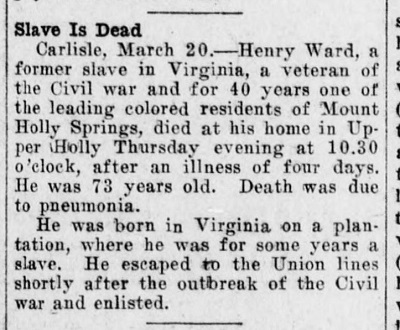 1915 Death notice for Henry Ward, a formerly enslaved resident of Mount Holly Springs, PA.